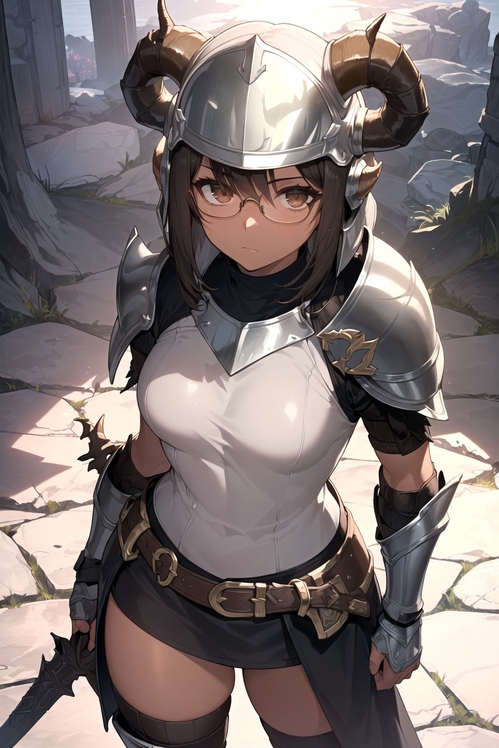 ((((elder_scrolls, dovahkiin, dovakini-chan , the_elder_scrolls_v:_skyrim)))), the_elder_scrolls_(copyright), 1girl, ((((toned, narrow_waist, brown_skin)))), (breasts, tiny_breasts), ((((hair, short_hair)))), ((((black_hair)))), ((((messy_hair)))), ((eyes, light_brown_eyes, glass, meganekko)), ((((armor, helmet, iron_helmet, horns, horned_helmet)))), solo, solo_female