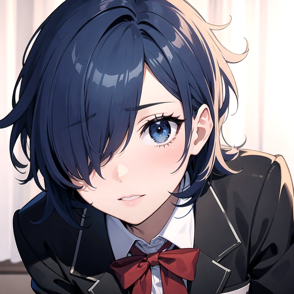 (((masterpiece, best_quality)))),1girl, persona,  persona_3, yuuki_makoto_(persona_3), genderswap, genderswap_(mtf), school_uniform, gekkoukan_high_school_uniform, hair, medium_hair, (((messy_hair, hair_over_one_eye))), blue_hair, solo, solo_female