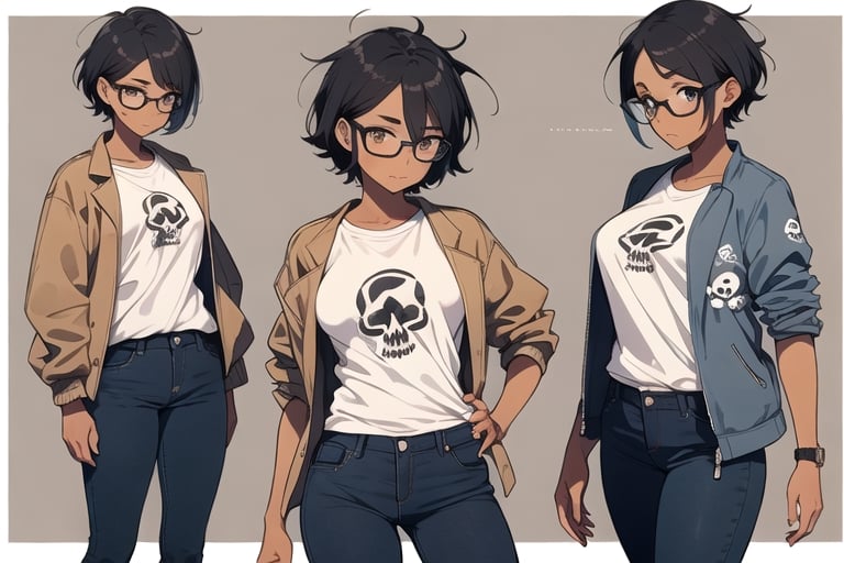 glasses, 1girl, (((((tan_body))))), narrow_waist, breasts, (tiny_breasts), hair, short_hair, (messy_hair), black_hair, eyes, brown_eyes, black_eyes, eyebrows,  thick_eyebrows, glasses, round_eyewear, black_framed_eyewear, semi_rimless_eyewear, (white_shirt), print_shirt, skull_print, t-shirt, jacket, (grey_jacket), pants, long_pants, blue_jeans, open_clothing, open_jacket, multiple_views, solo