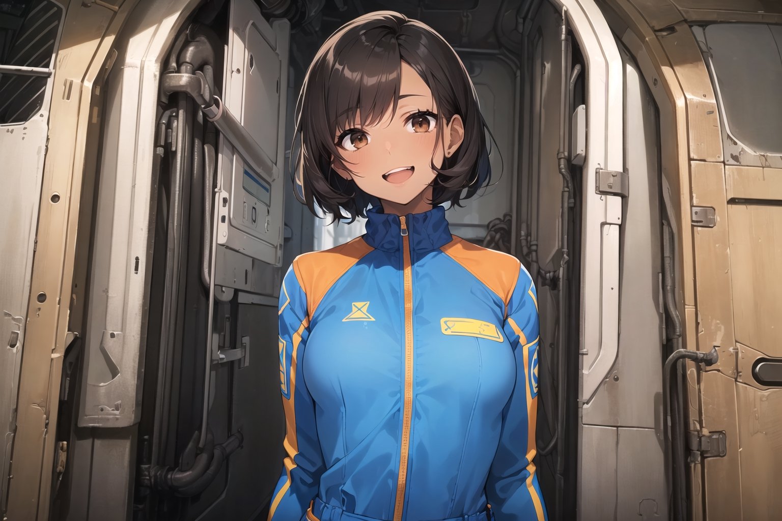 1girl, ((((toned, narrow_waist, brown_skin, breasts, tiny_breasts)))), ((eyes, light_brown_eyes, hair, short_hair, messy_hair, morning_hair, black_hair)), ((meganekko)), ((((fallout_4)))), ((((jumpsuit, blue_jumpsuit, vault_suit, long_sleeves)))), ((((looking_at_viewer, open_mouth, smile)))), solo, solo_female 