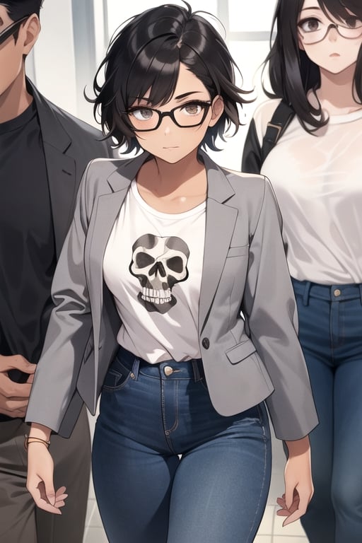 glasses, 1girl, ((((tan_body)))), narrow_waist, breasts, (tiny_breasts), hair, short_hair, (messy_hair), black_hair, eyes, brown_eyes, black_eyes, eyebrows,  thick_eyebrows, glasses, round_eyewear, black_framed_eyewear, semi_rimless_eyewear, (white_shirt), print_shirt, skull_print, t-shirt, jacket, (grey_jacket), pants, long_pants, blue_jeans, open_clothing, open_jacket, multiple_views 