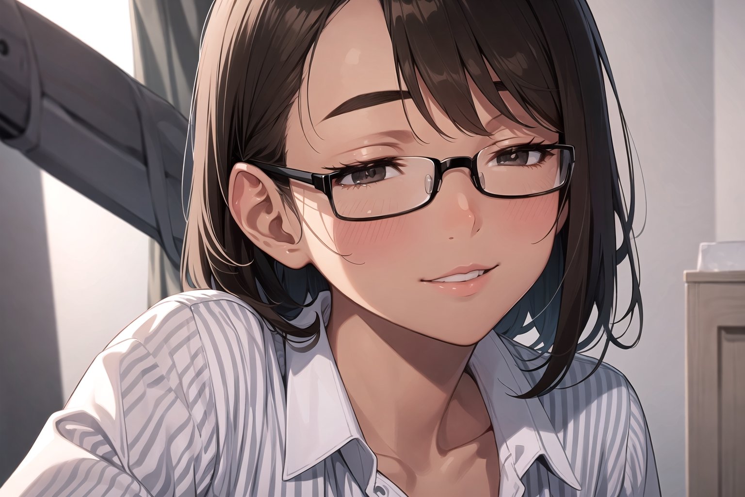 1girl,  ((((skin, brown_skin)))), (((breasts, small_breasts))), glasses, solo, shirt, white_shirt, upper_body, black_hair, smile, manly, closed_mouth, looking_at_viewer, striped, simple_background, collared_shirt, signature, close-up, stubble, long_sleeves, black_eyes, vertical_stripes, black-framed_eyewear, white_background, light, brown_eyes, photo, bangs, collarbone, grey_background,  face, backlighting, brown_hair, sketch, blinds, dress_shirt, eyebrows, real_life_insert, facing_viewer, striped_background, open_clothes, closed_eyes, looking_to_the_side, wing_collar, indoors, lips, sunlight, grey_eyes, solo, solo_female