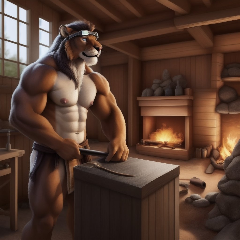 full_body, male, lion, blue_eyes ,muscles, nipples, areola, large nipples, expre, facial_expressions, (, goggles, blacksmithing, lioncloth, hammering, forge, anvil, forge,), nippes, pink nipples, blacksmithing ,village, nordic village, open_room ,fantasy, detailed background, realistic, photorealistic, ultra realistic, 8k, realistic, every detail of this beautiful, insanely detailed, detailed background, , beautiful, detailed intricate, ultra realistic,