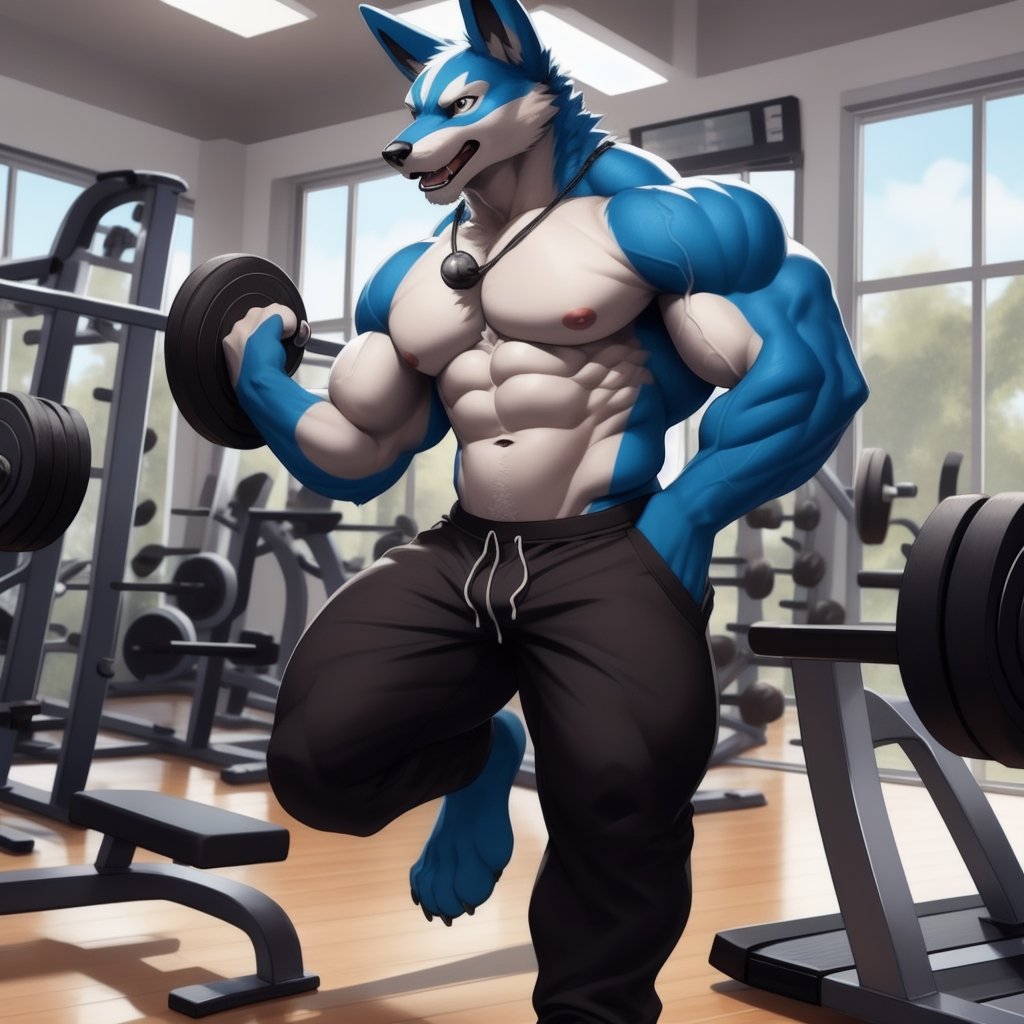 anthro, lucario ,muscle,muscles, anthro_pokemon  ,veiny muscles, gym, short_pants, exercise, ,facial_expressions, confused_face, floating pokeball ,detailed background, navel , exposed_navel , nippes, pink nipples, male_nipples , realistic, photorealistic, ultra realistic, 8k, realistic, Full body, every detail of this beautiful, insanely detailed, detailed background, , beautiful, detailed intricate, ultra realistic,