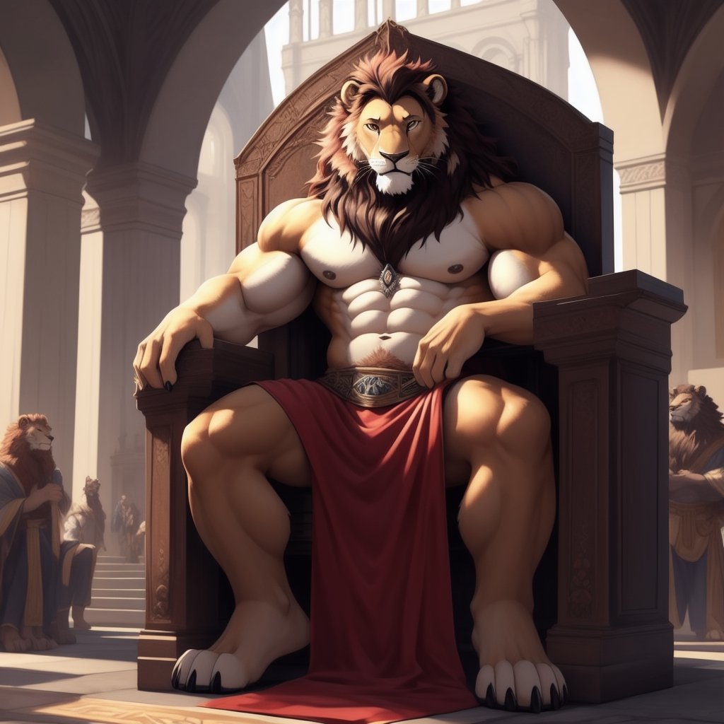 full_body, anthro, male, lion, anthro_feline, bodybuild, big_muscle, large_muscles,cat_eyes,(lion, dress, bare_pecs, bare_pectorals, bare_chest, lioncloth) , curly_hair, longhair, nippes, pink nipples, natural fur, inner ear fluff, neck tuft, chest tuft, hindpaw, fluffy, detailed fur, castle, throne room, public, audience, spectators, , fantasy, building , detailed background, realistic, photorealistic, ultra realistic, 8k, realistic, every detail of this beautiful, insanely detailed, detailed background, , beautiful, detailed intricate, ultra realistic. 5_figner,