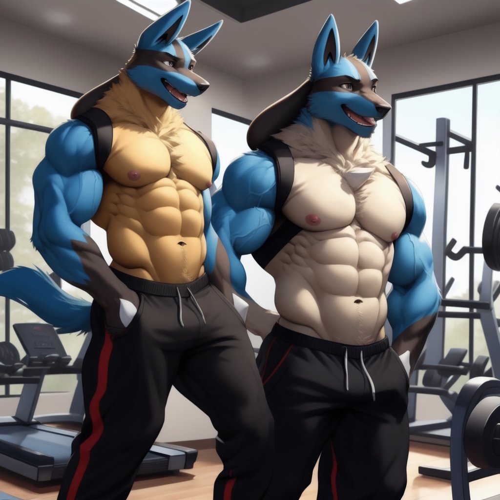 anthro, lucario ,muscle,muscles, anthro_pokemon  ,veiny muscles, gym, short_pants, exercising ,facial_expressions, happy_face , smile, big smile, laugh  ,detailed background, navel , exposed_navel , nippes, pink nipples, male_nipples , realistic, photorealistic, ultra realistic, 8k, realistic, Full body, every detail of this beautiful, insanely detailed, detailed background, , beautiful, detailed intricate, ultra realistic,