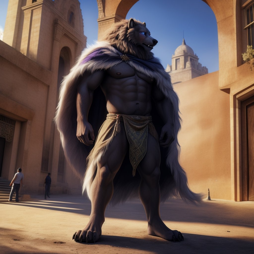 full body, anhtro, male, , standing, (blaidd (elden ring)), anthro, wolf, detailed purple eyes, black body, black fur, topless, cape, (lioncloth), paws, claw, clawed_toes, talking, talking,male_nipples, big_nipple, areola, big_areola, mexico, mexico city, mexican flag background, (people, full of people focus, audience),hyper realistic fur, natural fur, detailed fur, inner ear fluff, neck tuft, chest tuft, hindpaw,realistic fur ,fluffy ,realistic, photorealistic, every detail of this beautiful, insanely detailed, detailed background, insanely detailed, perfect composition, beautiful, detailed intricate, ultra realistic, 8k, 5_figner, tail