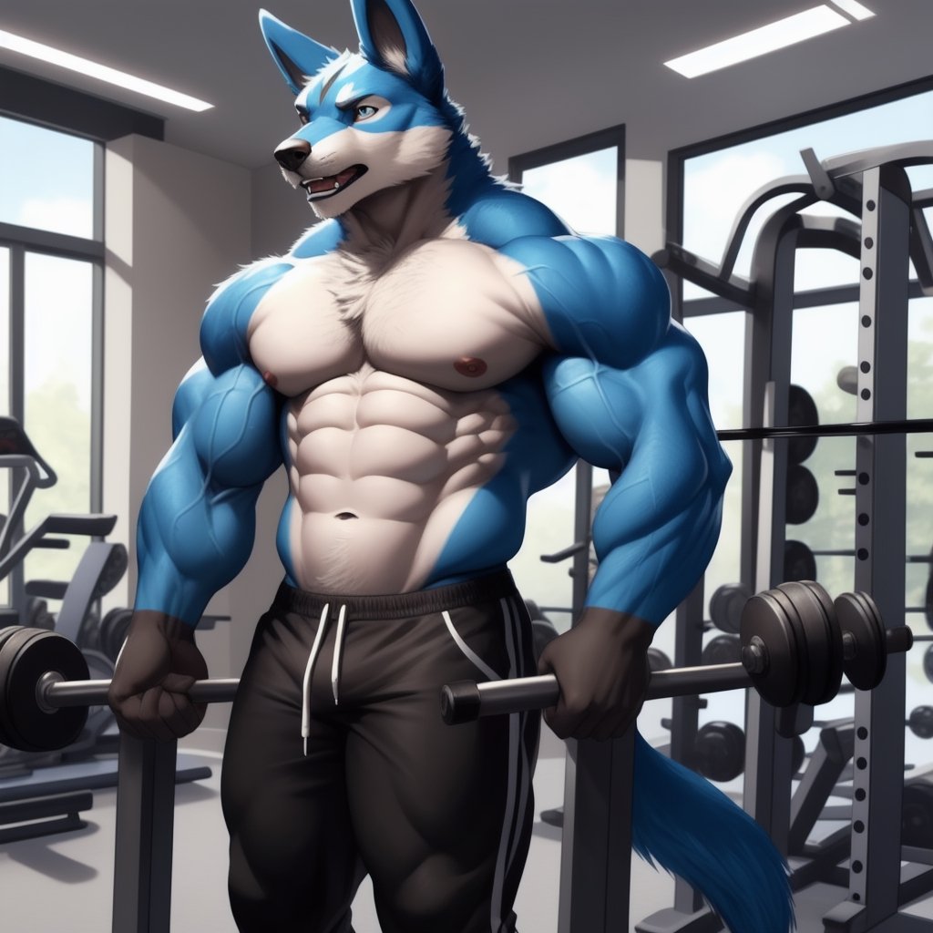 anthro, lucario ,muscle,muscles, anthro_pokemon  ,veiny muscles, gym, short_pants, exercise, ,facial_expressions, confused_face, floating pokeball ,detailed background, navel , exposed_navel , nippes, pink nipples, male_nipples , realistic, photorealistic, ultra realistic, 8k, realistic, Full body, every detail of this beautiful, insanely detailed, detailed background, , beautiful, detailed intricate, ultra realistic,