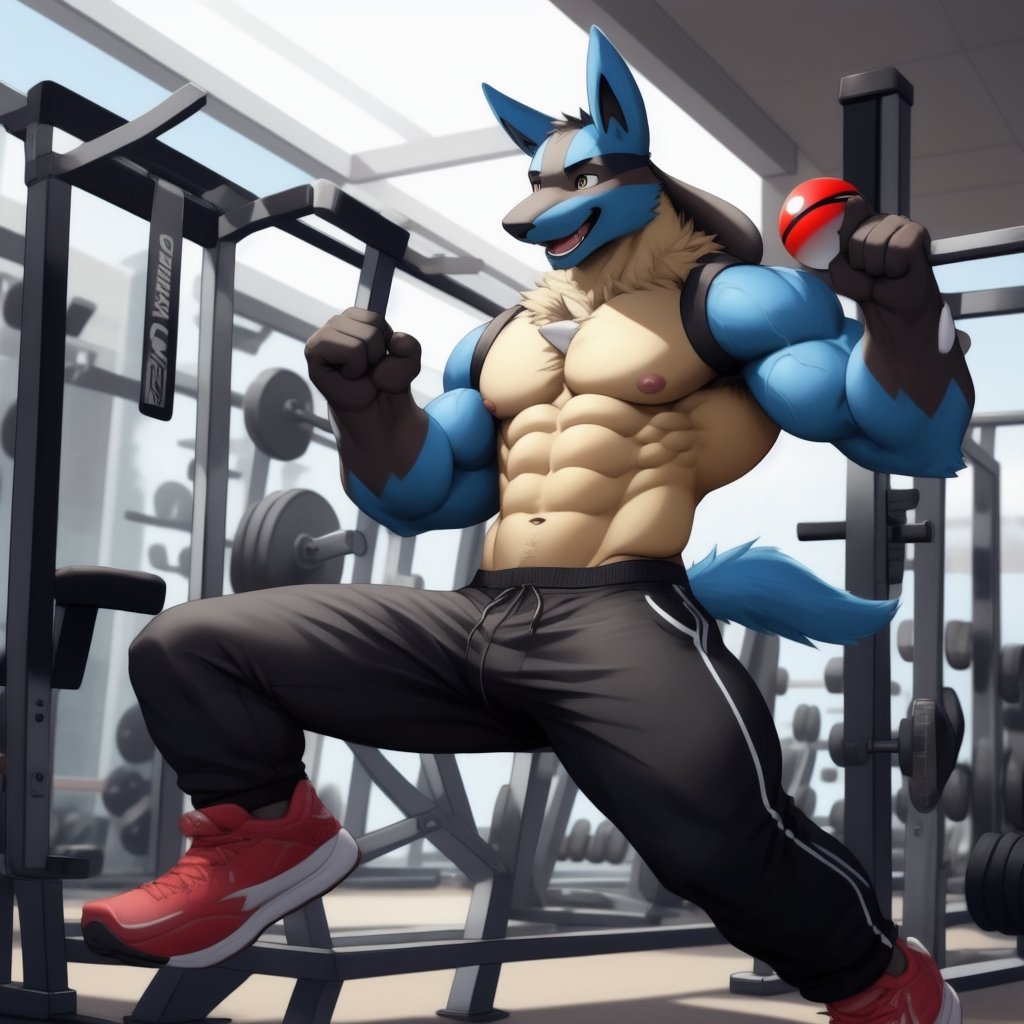 anthro, lucario ,muscle,muscles, anthro_pokemon  ,veiny muscles, gym, short_pants, exercising ,facial_expressions, happy_face , smile, big smile, laugh ,floating pokeball ,detailed background, navel , exposed_navel , nippes, pink nipples, male_nipples , realistic, photorealistic, ultra realistic, 8k, realistic, Full body, every detail of this beautiful, insanely detailed, detailed background, , beautiful, detailed intricate, ultra realistic,