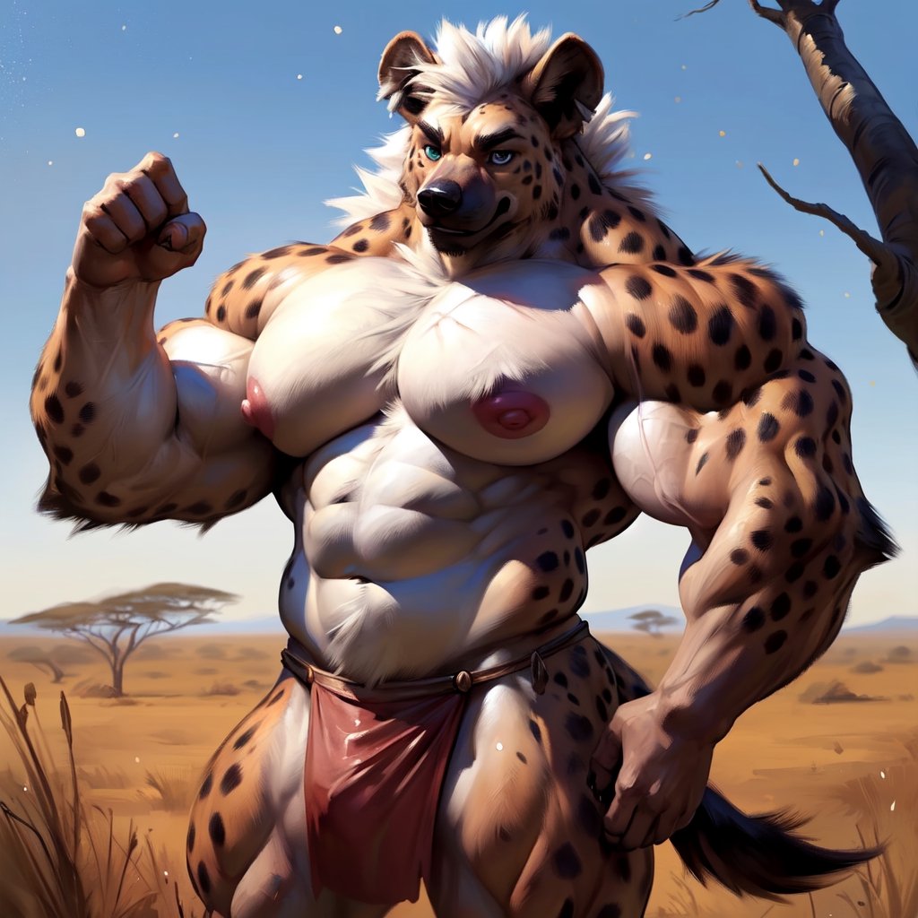 high_resolution,  epic,  depth of field,  perfect lighting,  (light particles),  (best quality),  (masterpiece),  (ultra detailed),  sharp focus,  light particles,  eyes,  perfect eyes,  anthropomorphic,  masterpiece,  highres,  best quality,  hd,  4k,  8k,  ( male,  male focus),  eyes,  perfect eyes),  ((,  hyena, spotted hyena, mature male, manly  )), (((( random pose, random viewer:1.5)))), (((( loincloth, fur loincloth, tribal accessories, headdress, tribe chief, body scars, tuft  )))),  (((thick eyebrows,  extreme long white hair,  white mane,  long white mane,  white ethereal hair:1.4 ))),  ((( pink nipples,  huge nipples,  puffy nipples,  huge aerola,  puffy aerola,  huge muscles,  thick muscles,  huge pecs,  moobs,  detailed muscles,  triceps,  bicepts:1.4))), ((( multicolored body,  mulitcolored fur,  extreme detailed skin,  extreme detailed fur )),  (( outdoors, savanna, tribe, trees, pasture )),  (by taran fiddler),  (by darkgem:0.8),  (by chunie:1), 