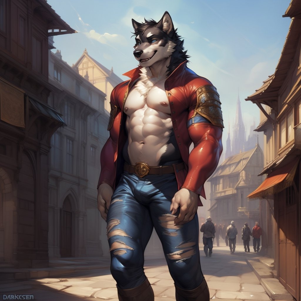 full body, full shot , male, anhtro,  wolf, black_fur, black skin ,(young, 10 years old, juvenile, adolescent, young age focus, child), eyes, detailed_eyes , hyper realistic fur, natural fur, detailed fur , ( torn old shirt, torn old pants, (medieval style, victorian style) ) , slim, slim body, male_nipples, smile, smiling, shy expresion, friendly face, city, castle buildings, houses, shops, people in the background ,hyper realistic, realistic, photorealistic, insanely detailed, complex_background, complicated_background, detaled_background, insanely detailed, perfect composition, beautiful, detailed intricate, ultra realistic, 4k, 8k,  (by null-ghost, by thebigslick, (by darkgem, by honovy), 