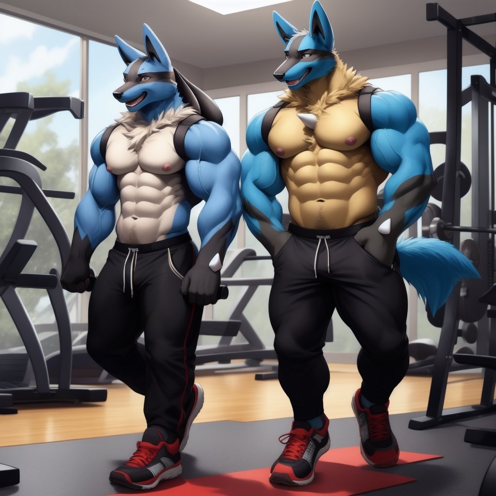 anthro, lucario ,muscle,muscles, anthro_pokemon  ,veiny muscles, gym, short_pants, exercising ,facial_expressions, happy_face , smile, big smile, laugh  ,detailed background, navel , exposed_navel , nippes, pink nipples, male_nipples , realistic, photorealistic, ultra realistic, 8k, realistic, Full body, every detail of this beautiful, insanely detailed, detailed background, , beautiful, detailed intricate, ultra realistic,