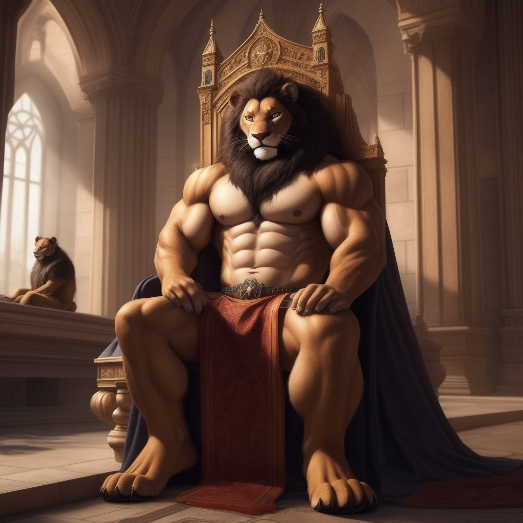 full_body, black_panther, male, anthro_feline, bodybuild, big_muscle, large_muscles,cat_eyes,(lion, dress, bare_pecs, bare_pectorals, bare_chest, lioncloth) , curly_hair, longhair, nippes, pink nipples, natural fur, inner ear fluff, neck tuft, chest tuft, hindpaw, fluffy, detailed fur, castle, throne room, public, audience, spectators, , fantasy, building , detailed background, realistic, photorealistic, ultra realistic, 8k, realistic, every detail of this beautiful, insanely detailed, detailed background, , beautiful, detailed intricate, ultra realistic. 5_figner,