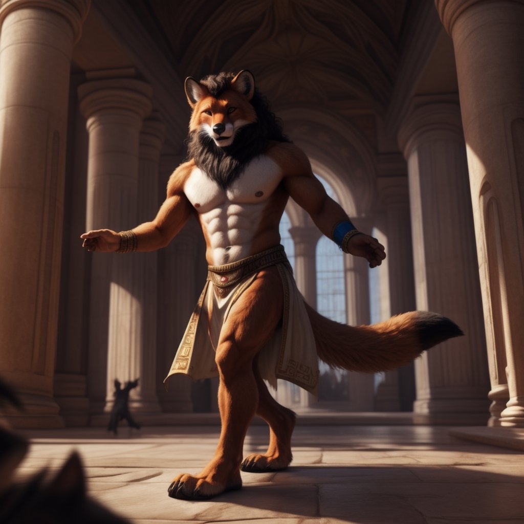 full_body, anthro, male,fox, (fox, dress, egyptian_dress, bare_pecs, bare_pectorals, bare_chest, lioncloth) , dance, dancing, curly_hair, longhair, nippes, pink nipples, natural fur, inner ear fluff, neck tuft, chest tuft, hindpaw, fluffy, detailed fur, castle, throne room, public, audience, spectators, , fantasy, building, ( anthro furry people walk) , detailed background, realistic, photorealistic, ultra realistic, 8k, realistic, Full body, every detail of this beautiful, insanely detailed, detailed background, , beautiful, detailed intricate, ultra realistic.,perfecteyes, 5_figner, 