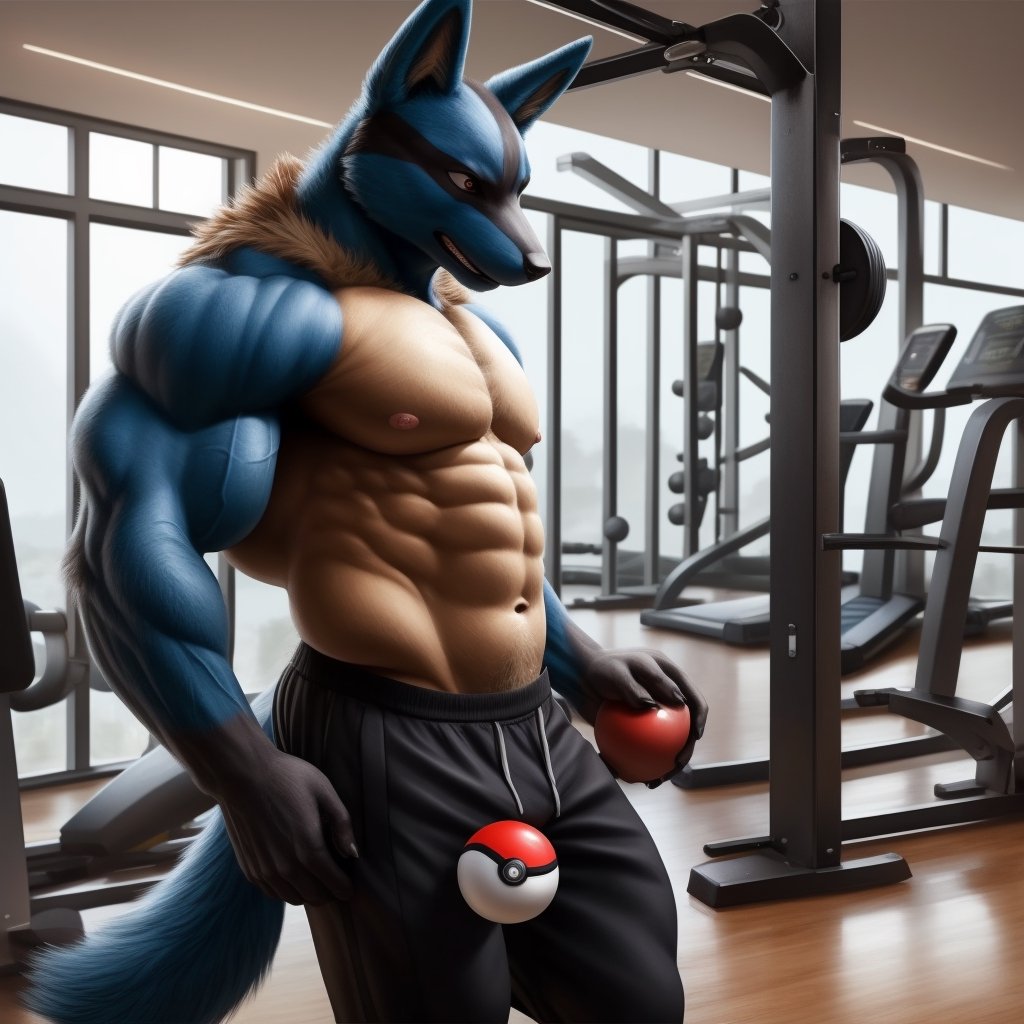 anthro, lucario ,muscle,muscles, anthro_pokemon, poke_ball, ,veiny muscles, gym, short_pants, exercise, ,facial_expressions, confused_face, floating pokeball ,detailed background, navel , exposed_navel , nippes, pink nipples, male_nipples , realistic, photorealistic, ultra realistic, 8k, realistic, Full body, every detail of this beautiful, insanely detailed, detailed background, , beautiful, detailed intricate, ultra realistic,