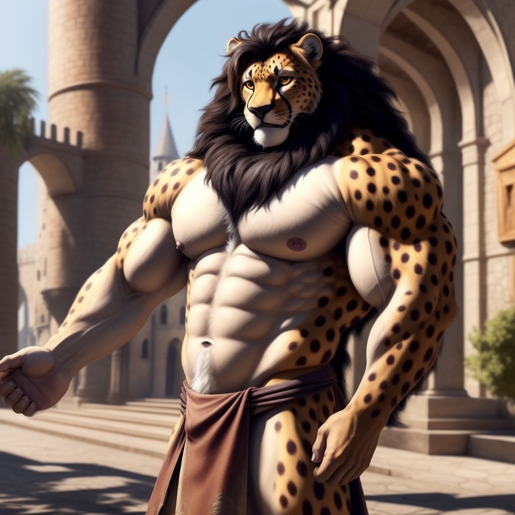 full_body, male, cheetah, bodybuild, big_muscle, large_muscles, nipples, areola, large nipples, pecs, large pecs,( dress, bare_pecs, bare_pectorals, bare_chest, lioncloth) , curly_hair, longhair, nippes, pink nipples, natural fur, inner ear fluff, neck tuft, chest tuft, hindpaw, fluffy, detailed fur, castle, public, audience, spectators, , fantasy, building , detailed background, realistic, photorealistic, ultra realistic, 8k, realistic, every detail of this beautiful, insanely detailed, detailed background, , beautiful, detailed intricate, ultra realistic. 5_figner,