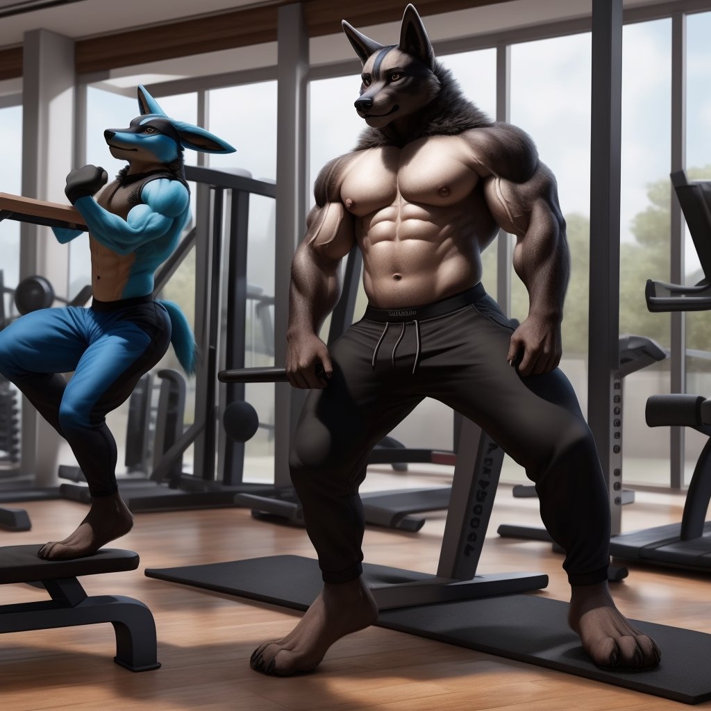 anthro, lucario ,muscle,muscles, anthro_pokemon, poke_ball, ,veiny muscles, gym, short_pants, exercise, ,facial_expressions, confused_face, floating pokeball ,detailed background, navel , exposed_navel , nippes, pink nipples, male_nipples , realistic, photorealistic, ultra realistic, 8k, realistic, Full body, every detail of this beautiful, insanely detailed, detailed background, , beautiful, detailed intricate, ultra realistic,