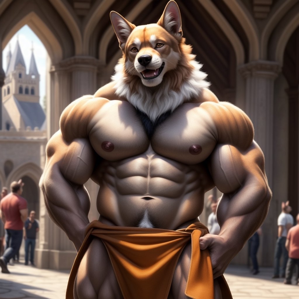 full_body, male, chihuahua, big_muscle, large_muscles, nipples, areola, large nipples, pecs, large pecs, happy_face, expre,facial_expressions, bare_pecs, bare_pectorals, bare_chest, lioncloth) , nippes, pink nipples, natural fur, inner ear fluff, neck tuft, chest tuft, hindpaw, fluffy, detailed fur, castle, public, audience, spectators, fantasy, building , detailed background, realistic, photorealistic, ultra realistic, 8k, realistic, every detail of this beautiful, insanely detailed, detailed background, , beautiful, detailed intricate, ultra realistic. 5_figner,