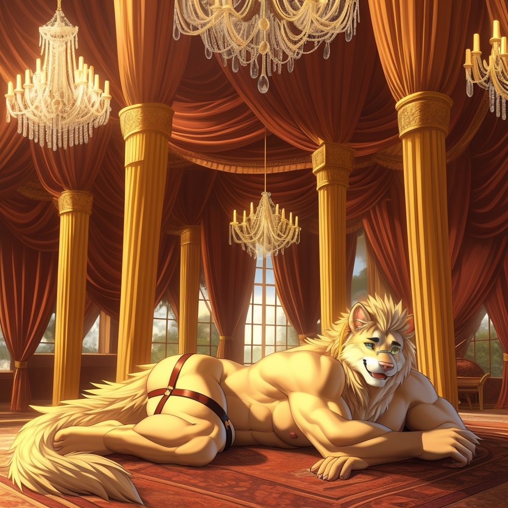 full_body, anhtro, male, snow-tas, ( jock_strap), eyes, male_nipples, smile, smiling, (lying on the ground), hyper realistic fur, natural fur, detailed fur, fluffy, mansion, interior of a mansion, luxurious furniture, chandelier, luxurious, complex_background, complicated_background, detaled_background, 8k, from_below