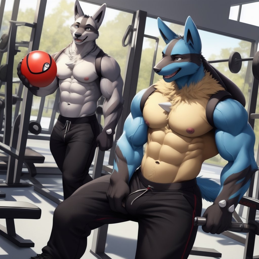 anthro, lucario ,muscle,muscles, anthro_pokemon  ,veiny muscles, gym, short_pants, exercising ,facial_expressions, happy_face , smile, big smile, laugh ,floating pokeball ,detailed background, navel , exposed_navel , nippes, pink nipples, male_nipples , realistic, photorealistic, ultra realistic, 8k, realistic, Full body, every detail of this beautiful, insanely detailed, detailed background, , beautiful, detailed intricate, ultra realistic,