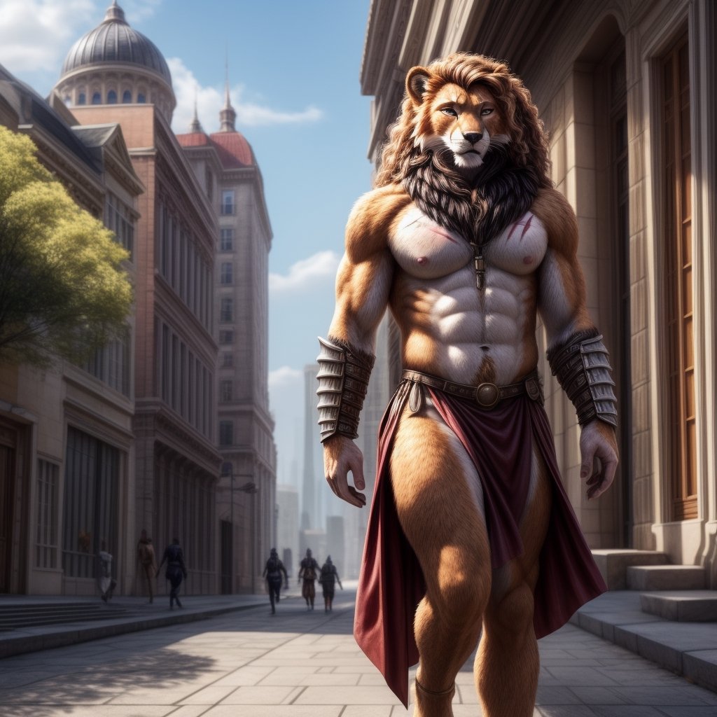 full_body , anthro, male .scar, body scars , fox,  armor, leather_armor, bare_shoulders, bare_pecs, bare_pectorals, bare_chest, lioncloth ,walking,curly_hair, longhair, nippes, pink nipples, natural fur, inner ear fluff, neck tuft, chest tuft, hindpaw, fluffy,  city, people walking, fantasy, building, ( anthro furry people walk) ,detailed background, realistic, photorealistic, ultra realistic, 8k, realistic, Full body, every detail of this beautiful, insanely detailed, detailed background, , beautiful, detailed intricate, ultra realistic.