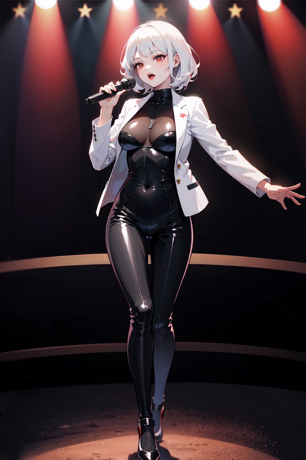 masterpiece, mature woman,short wavy hair, white hair,red eyes,full red lips, slim body, breasts,((black bodysuit))white short jacket,black dance shoes,music concert stage,lighting,solo girl,singing with microphone in hand, full body,