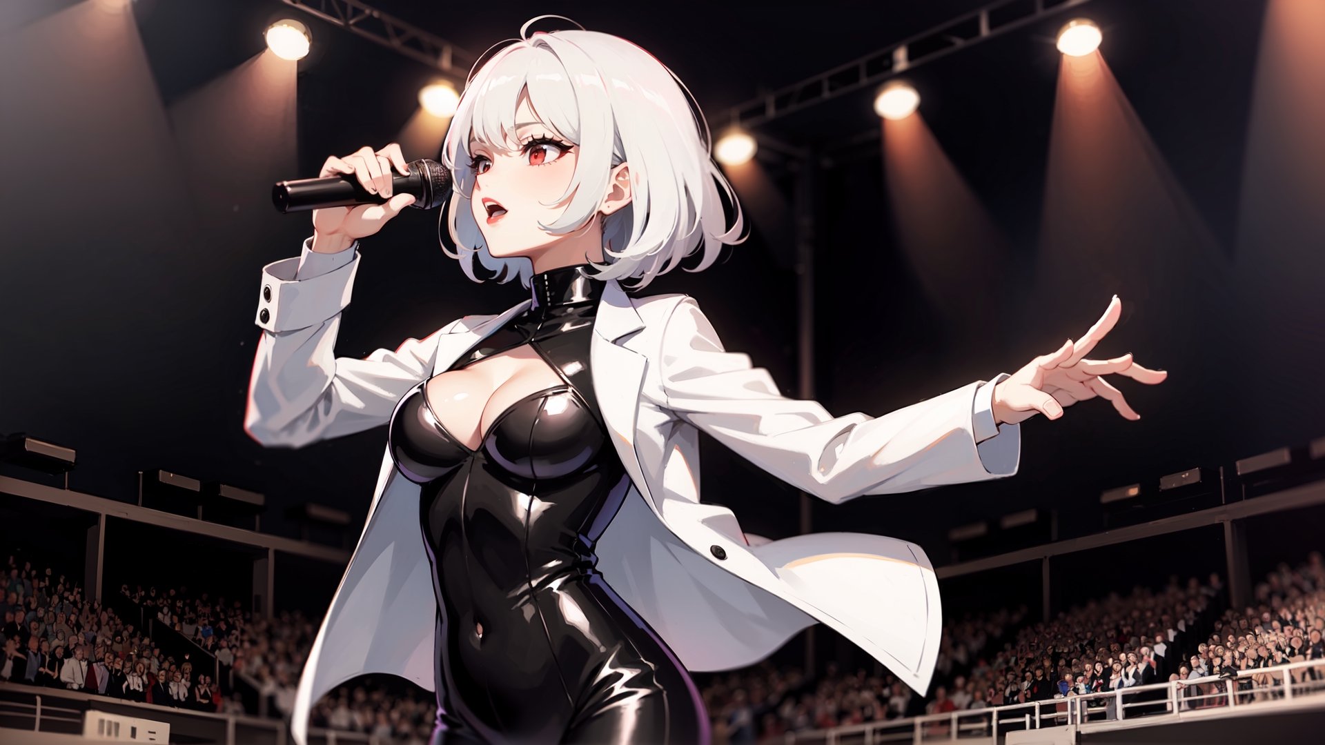 masterpiece, mature woman,short wavy hair, white hair,red eyes,full red lips, slim body, breasts,((black bodysuit))white short jacket,black dance shoes,music concert stage,lighting,solo girl,singing with microphone in hand,