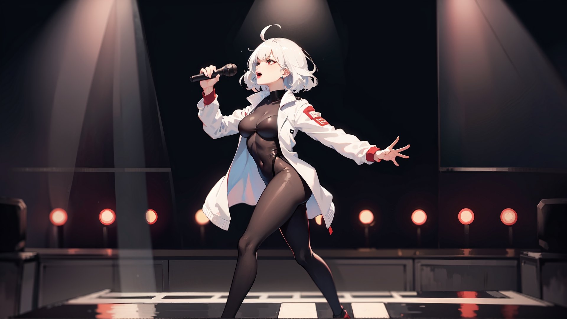 masterpiece, mature woman,short wavy hair, white hair,red eyes,full red lips,slim body,breasts,big ass((black bodysuit))small white jacket,black dance shoes,music concert stage,lighting,solo girl,singing with microphone in hand,full body,