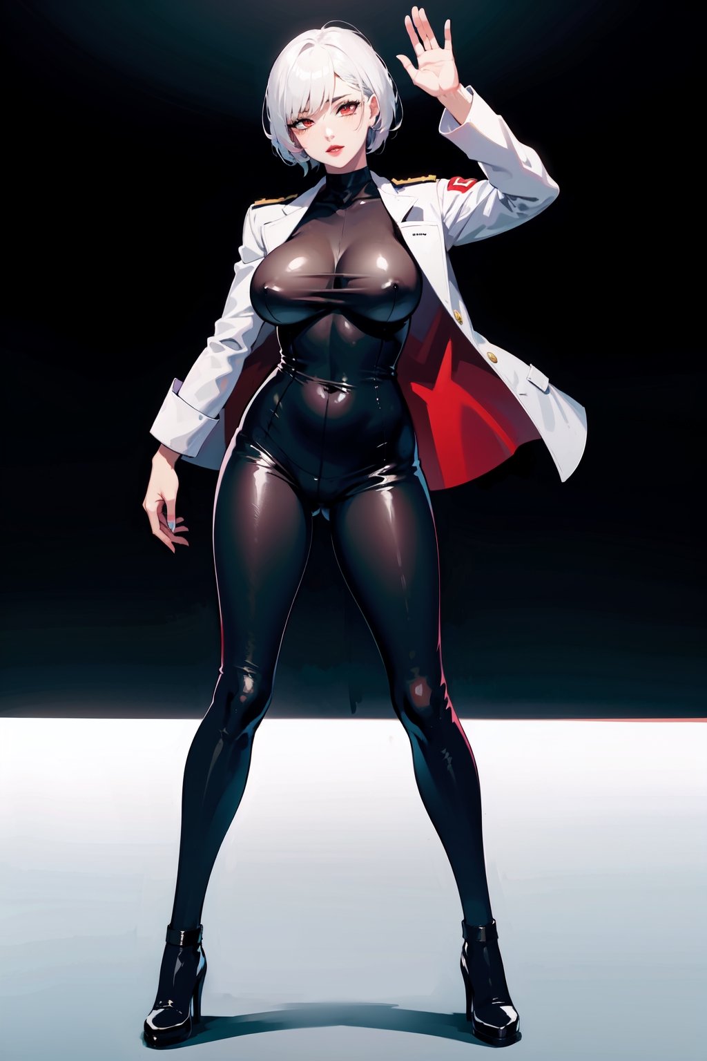 masterpiece, mature woman,short hair, white hair,red eyes,black lips,big lips,slim body,((Black bodysuit and white military jacket)),black dance shoes, scenary,Kpop dance,full body,