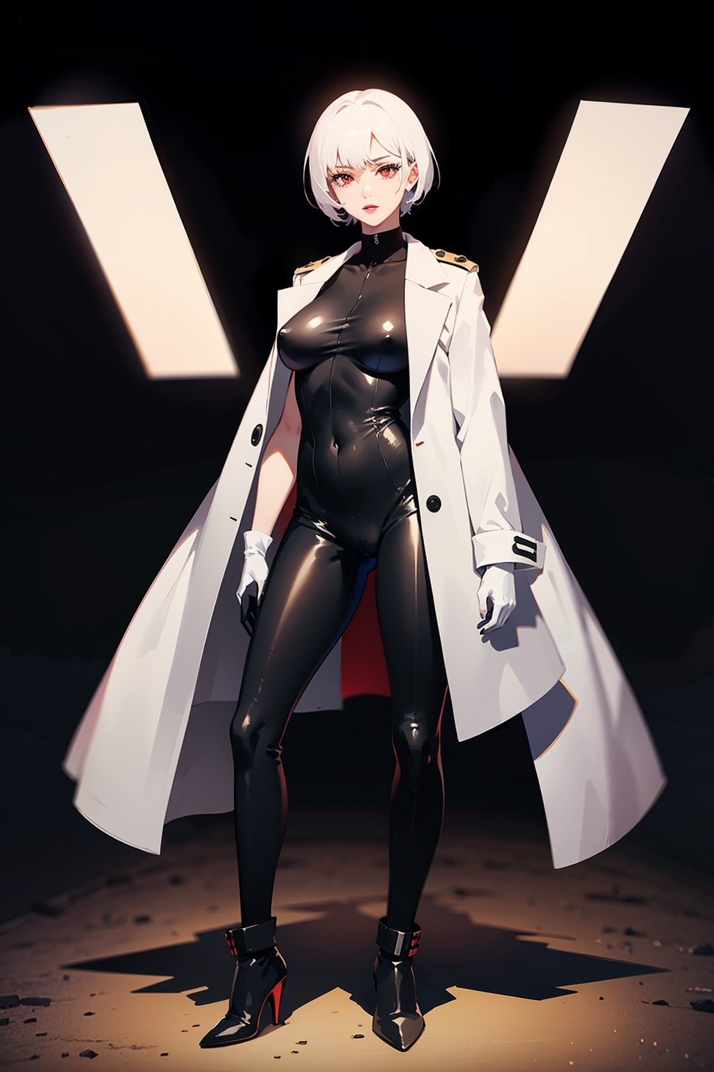 masterpiece, mature woman,short hair, white hair,red eyes,black lips,big lips,slim body,
(((Black bodysuit))), ((white military band jacket)), (black gloves), black dancing shoes,
scenary,posing,full body,