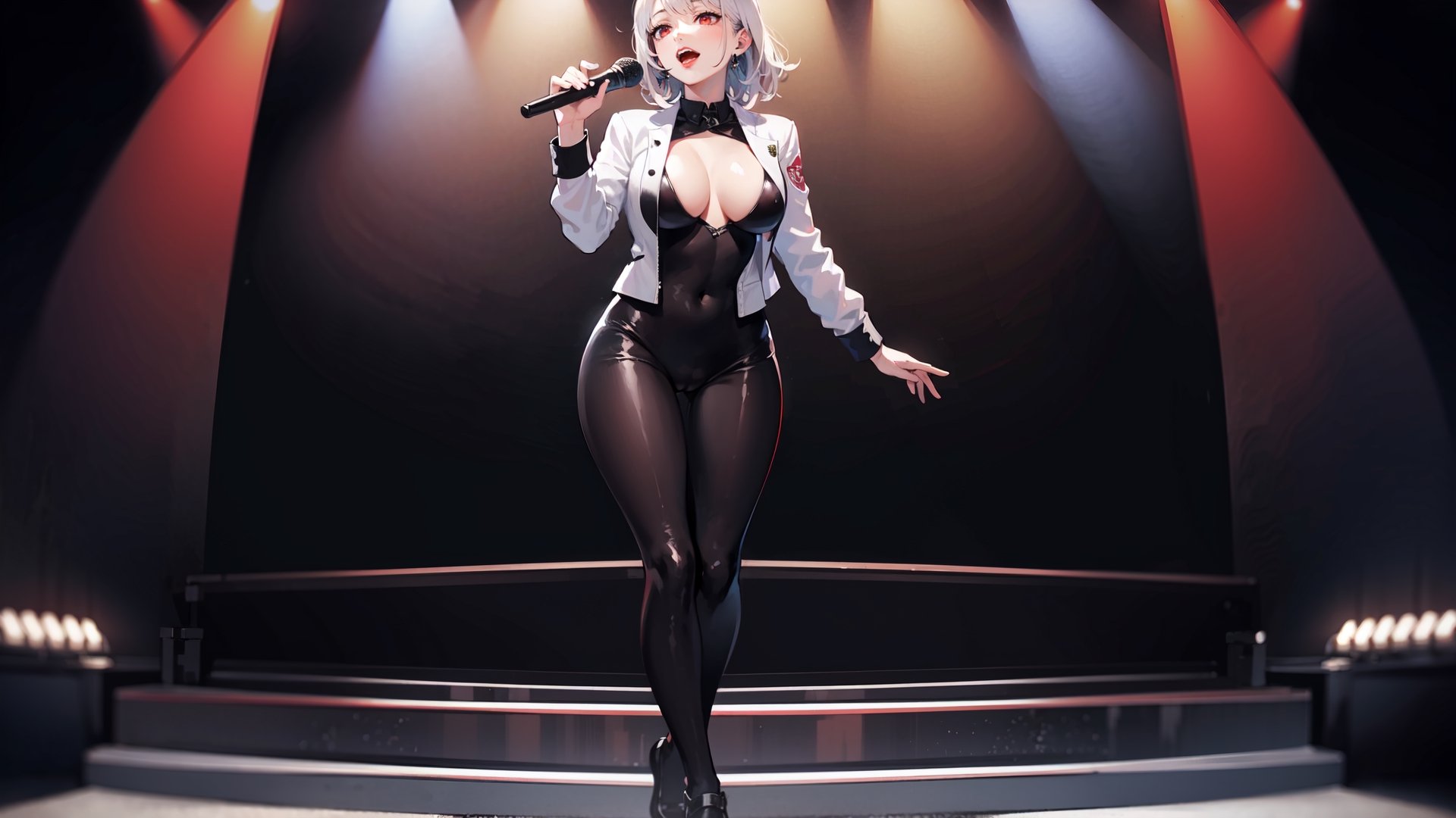 masterpiece, mature woman,short wavy hair, white hair,red eyes,full red lips,NSFW,slim body,breasts,((black bodysuit))closed white jacket,black dance shoes,music concert stage,lighting,solo girl,singing with microphone in hand,  full body,