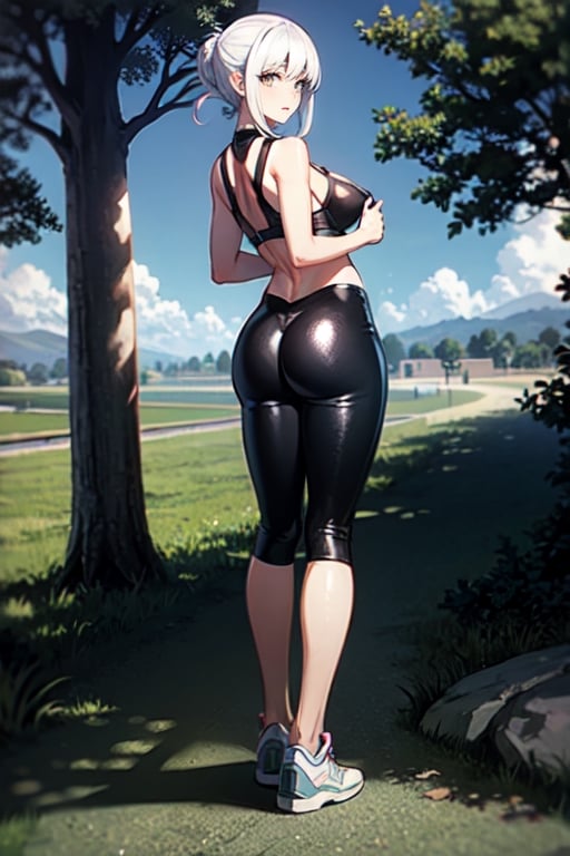  Masterpiece, 1 girl ,Long hair up,hair with bangs,white hair,white eyes,Full lips,sleender body,large breast,large ass, full body, Tight-fitting black and transparent sportswear, white sneakers, black overalls, Natural scenery, park, trees and plants, sunlight,1 girl,yuzu, sexy posing , 16k.,EpicSky