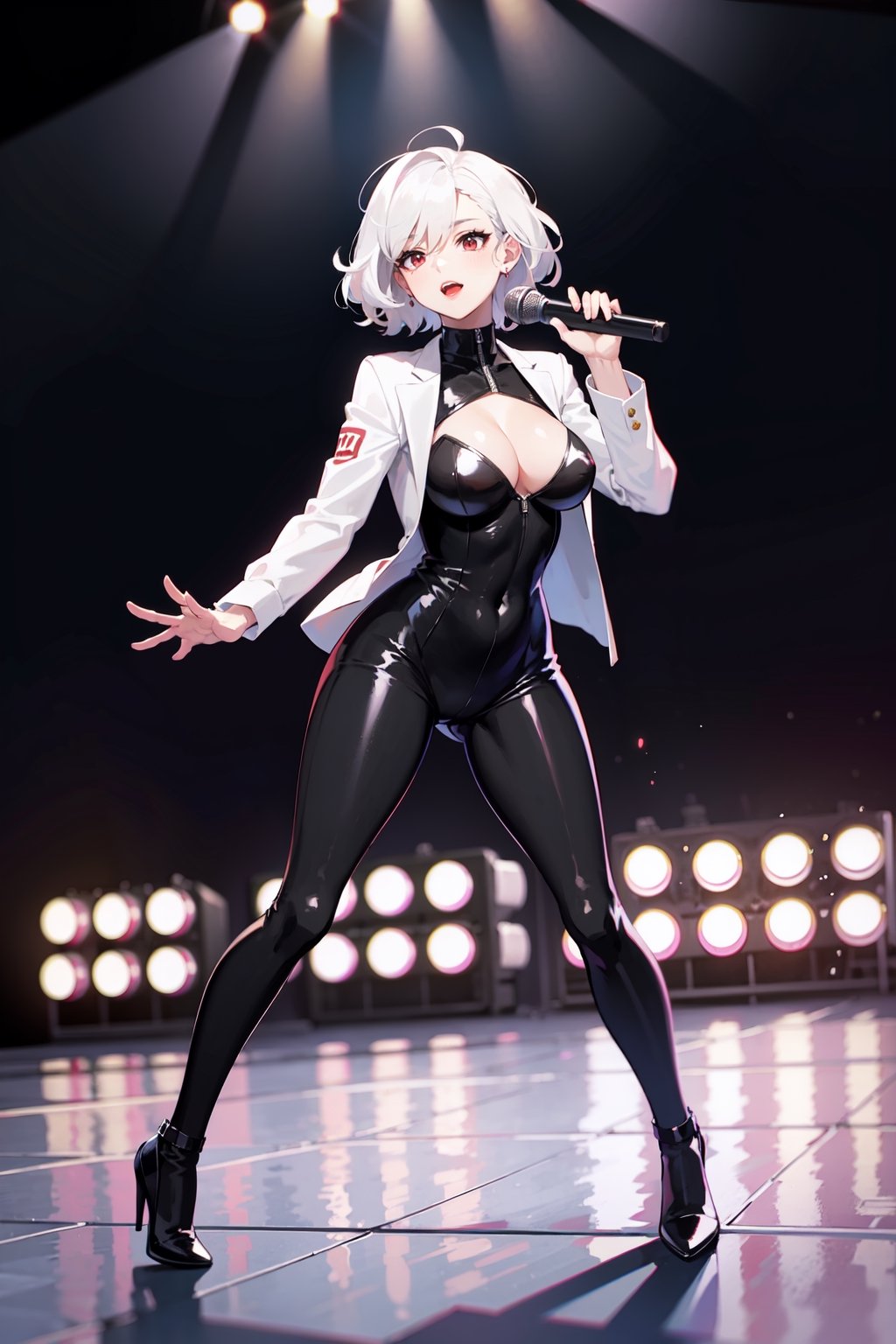 masterpiece, mature woman,short wavy hair, white hair,red eyes,full red lips, slim body, breasts,((black bodysuit))white short jacket,black dance shoes,music concert stage,lighting,solo girl,singing with microphone in hand, full body,