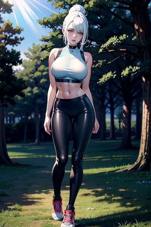  Masterpiece, 1 girl ,Long hair up,hair with bangs,white hair,white eyes,Full lips,sleender body,large breast,large ass, full body, Tight-fitting black and transparent sportswear, Natural scenery, park, trees and plants, sunlight,1 girl,yuzu, Posando sensualmente,  , 16k.,EpicSky