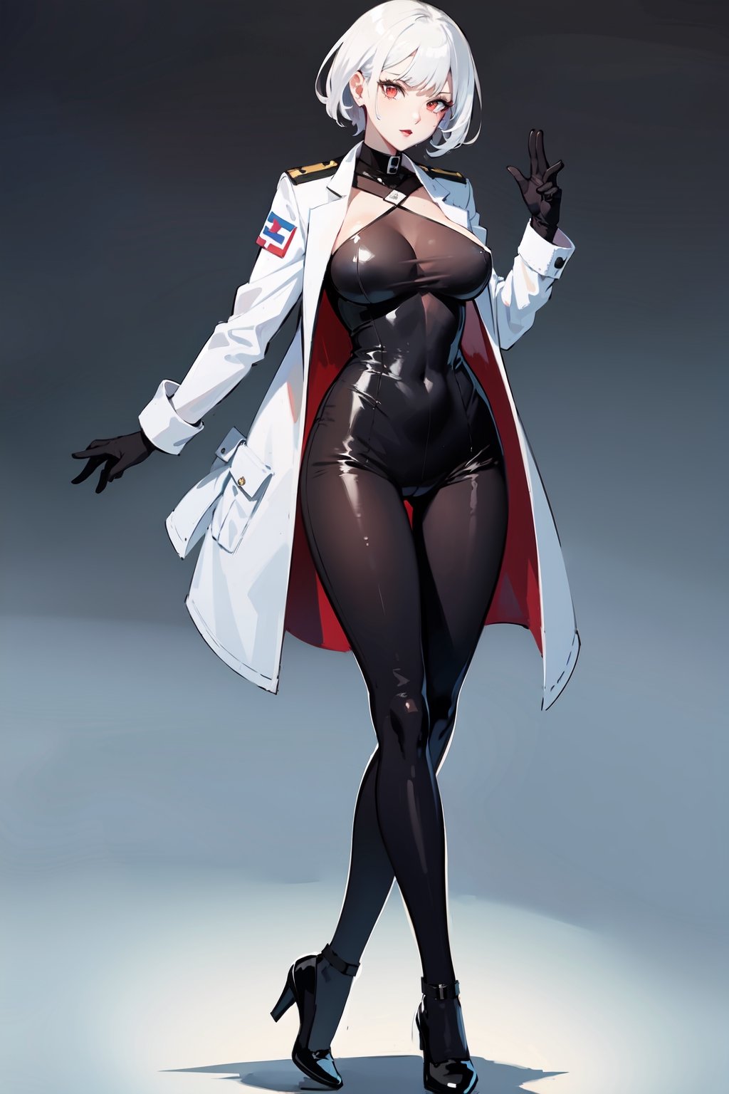 masterpiece, mature woman,short hair, white hair,red eyes,black lips,big lips,slim body,((Black bodysuit and all-white military jacket)),black dance shoes, scenary,Kpop dance,full body,