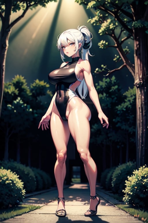  Masterpiece, 1 girl ,Long hair up,hair with bangs,white hair,white eyes,Full lips,sleender body,large breast,large ass, full body, Black, tight-fitting full swimsuit,Natural scenery, park, trees and plants, sunlight,1 girl,yuzu, Posing sensually,  , 16k.,EpicSky