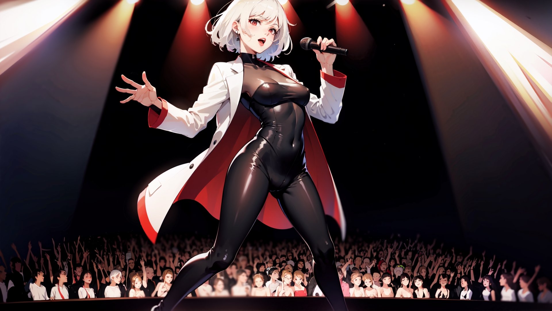 masterpiece, mature woman,short wavy hair, white hair,red eyes,full red lips,slim body,breasts,big ass((black bodysuit))small white jacket,black dance shoes,music concert stage,lighting,solo girl,singing with microphone in hand,full body,