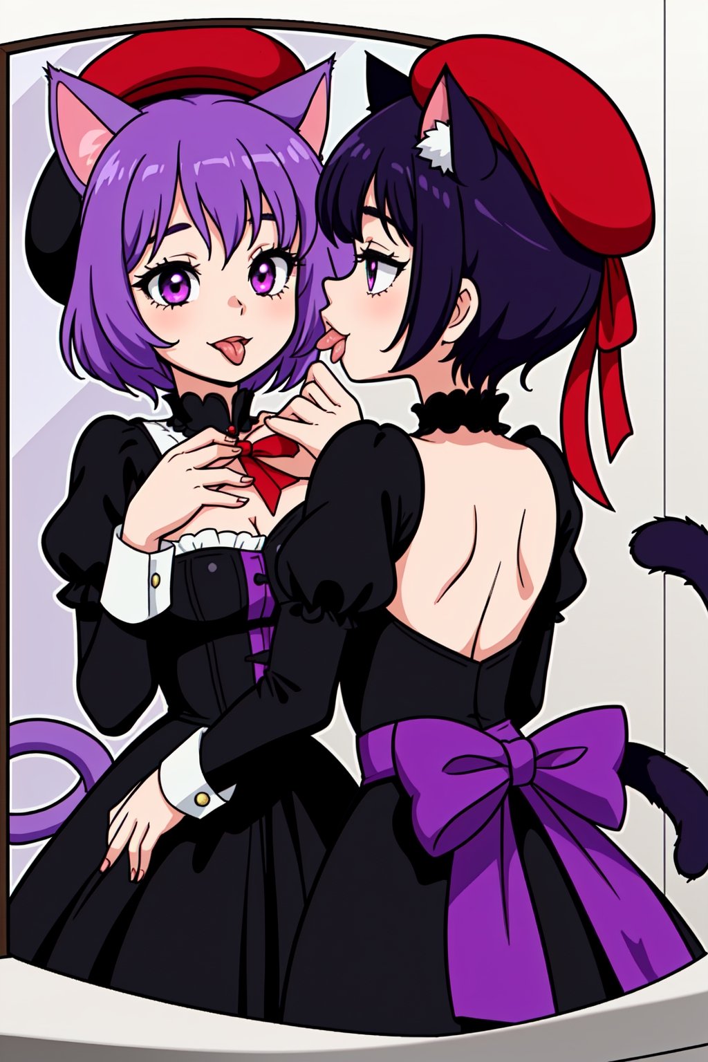 a girl wearing a black Victorian idol dress with purple and red stripes, with a turquoise bow on her chest, a black with red and purple beret and who has white cat ears and a cat tail, who has purple eyes and is kissing her reflection of tongue in the mirror but that its reflection is 100 percent simila