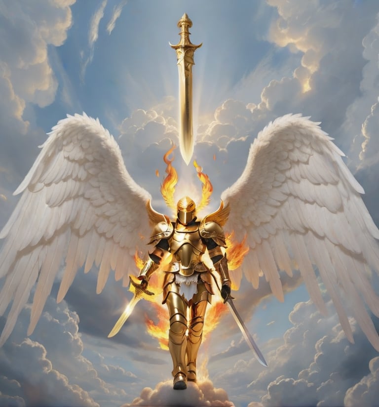 An angel wearing a golden armor, holding in is hands a sword in flames, in frontal of him with his open wings in the Middle of the sky between the clouds