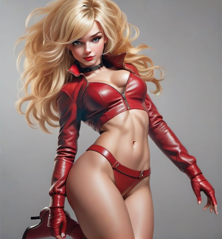 ReAlistic girl dressed in red leather, blonde hair and beautiful face the same pose of the image2image in full body