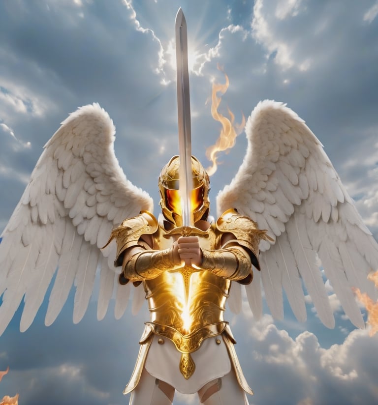 An angel wearing a golden armor, holding in is hands a sword in flames, in front of his face with his open wings in the Middle of the sky between the clouds like the image2image 8k