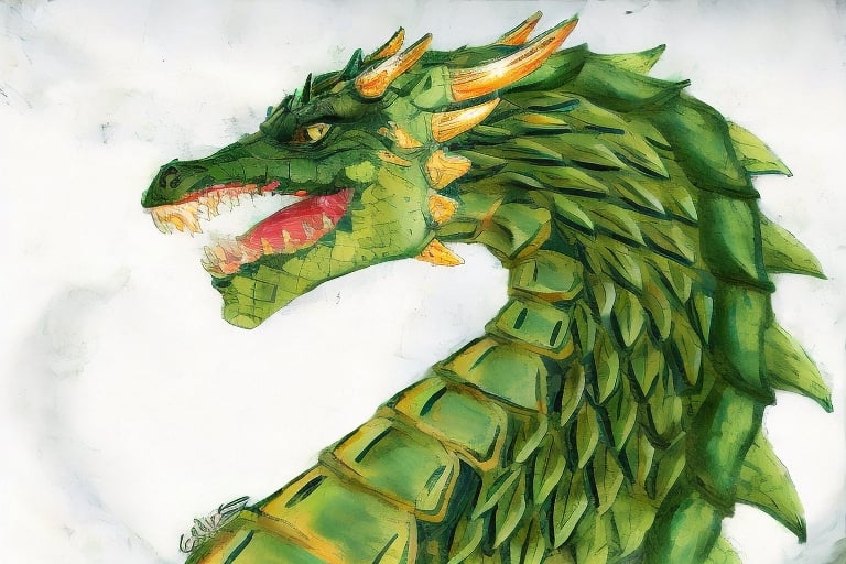 high_resolution, high quality, realistic 8k green dragon with shiny scale, crocodile skin bone horn 
