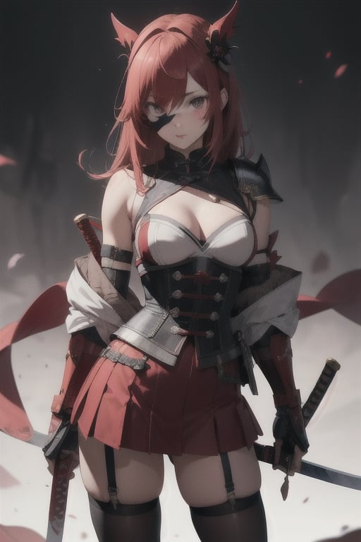 Red mask, red forhead_protector, red_samurai_short_armour_corset_like red miniskirt red metal, japanese_beauty, sexyfitt, with two kodashi_sword, black long hair yamamoto_princess like