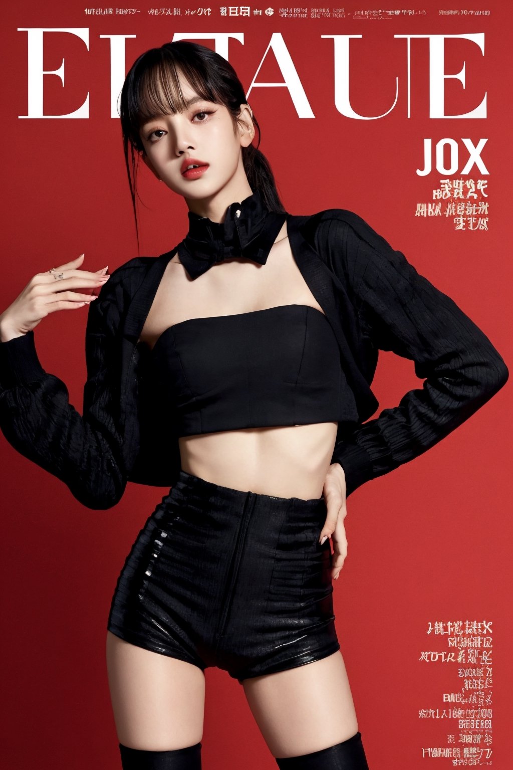 ((thigh up body,)) 1girl, looking at viewer, styled clothes and pose, ultra detailed, best quality, sharp focus, natural lighting, magazine cover, jisoo, magazine cover,jisoo,magazine cover,lisa