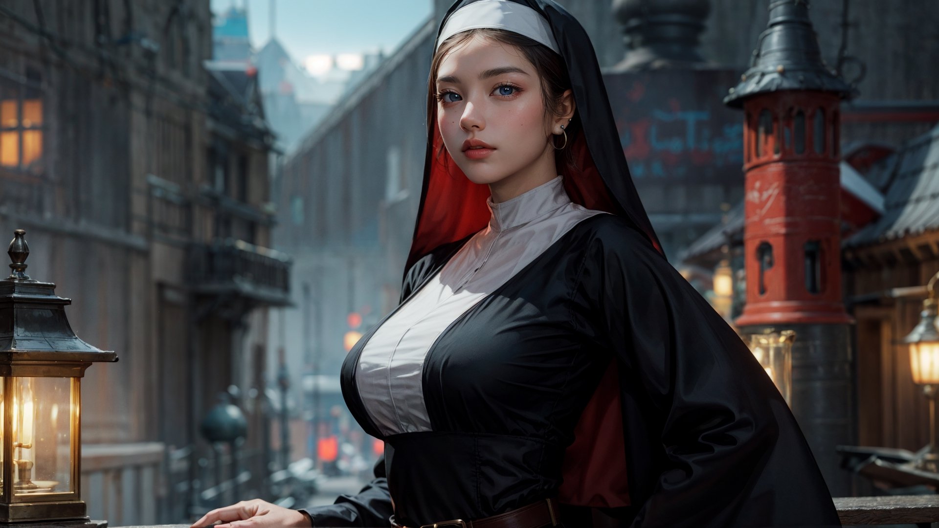 half body, 1girl, looking at viewer, hot chicks, large breasts, nun clothes, garterbelt, detailed clothing, cutout clothing, hair accessories, different hairstyle, earrings, pussy edge, night, light,
cinematic composition, dynamic composition, dynamic angle, cowboy shot, pussy focus, fantasy, science fiction,
digital painting, official art, unity 8k wallpaper, masterpiece, best quality, chimaiv7,