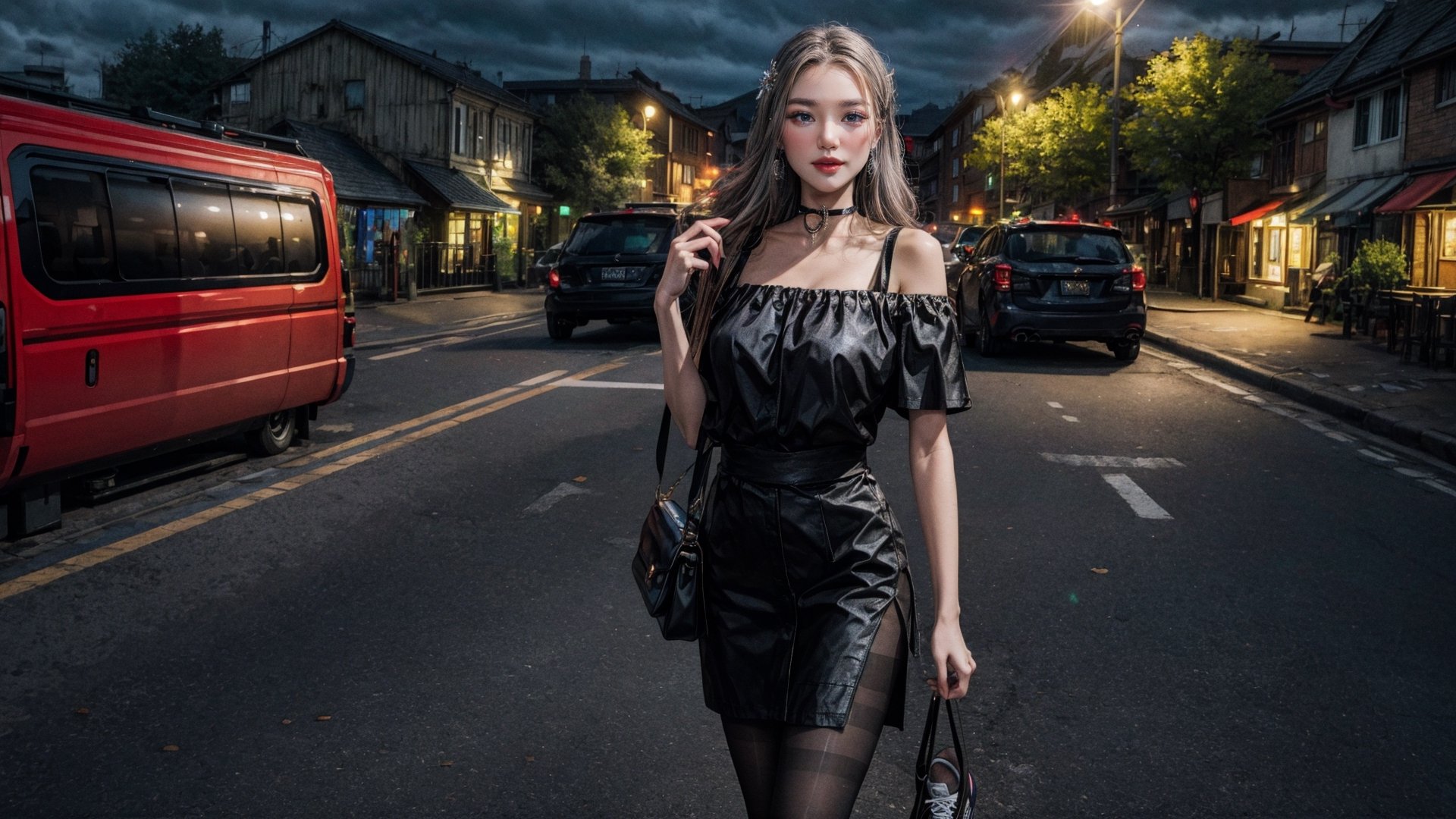 half body, 1girl, looking at viewer, off-shoulder black shirt, skirt, black choker, (faded ash gray hair:1), slim, (black pantyhose:1.2), (grey sneakers:1.2), detailed clothing, cutout clothing, hair accessories, different hairstyle, earrings, pussy edge,
outdoors, night, cinematic composition, dynamic composition, dynamic angle, cowboy shot, 
digital painting, official art, unity 8k wallpaper, masterpiece, best quality, 