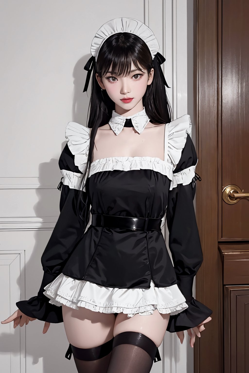 nsfw, thigh up body, 1girl, looking at viewer, maid, thighhigh, high quality, ultra detailed, highres, 8k, accurate color reproduction, intricate background, best quality, photo by Canon 5d, 50mm ZEISS lens, sharp focus, natural lighting, profesional and intricate lighting, wide angle, chimai,aespakarina