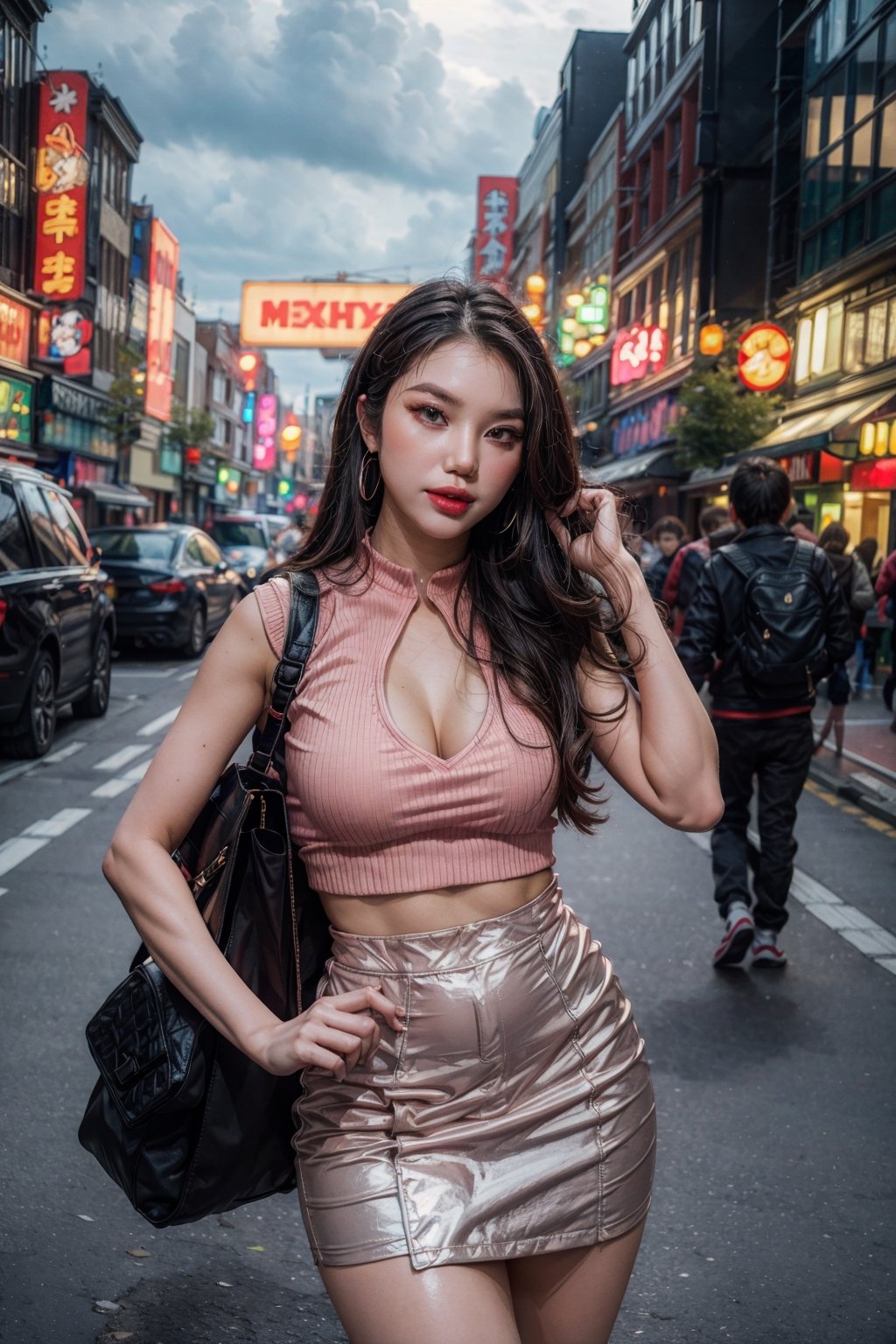 ((upper body, face focus,)), 1girl, colorful outfit, styled clothes, fashionista, kpop idol, skirt, thighs cutout, latex thighshigh, building, city, glowing, headphones, hologram, looking at viewer, neon lights, science fiction, street, tokyo_\(city\),
digital painting, official art, unity 8k wallpaper, ultra detailed, masterpiece, best quality, 