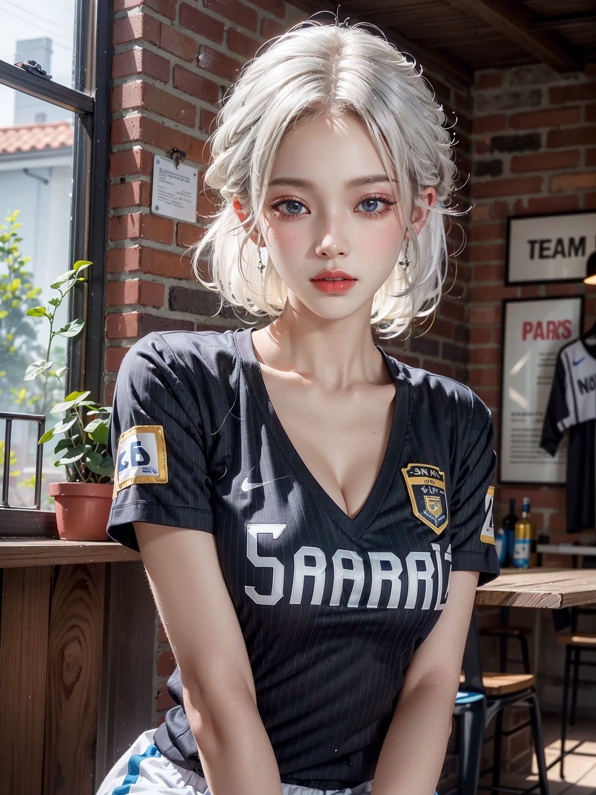 American, white hair, blue eyes, beautiful 1women, ((from san diego)), california, wearing sports uniform,team name in golden written on shirt,masterpiece,highly detailed,Colorful portraits,sexy,seducing,leaning,medium breast,cleavage