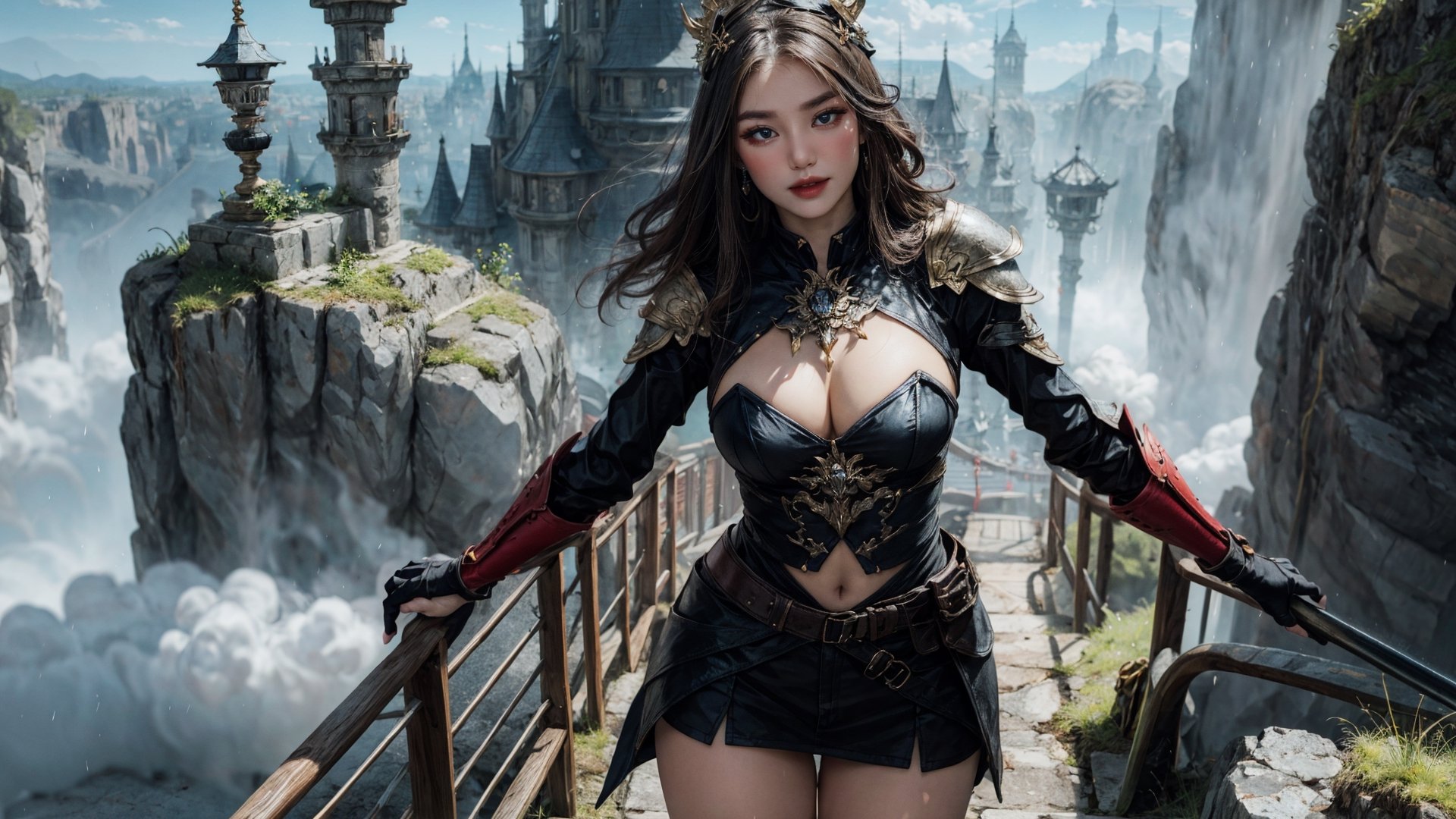 thighs up body, 1girl, looking at viewer, hot chicks, large breasts, red huntress, armor, detailed clothing, cutout clothing, hair accessories, different hairstyle, earrings, pussy edge,
cinematic composition, dynamic composition, dynamic angle, fantasy, science fiction,
digital painting, official art, unity 8k wallpaper, masterpiece, best quality, ,chimaiv7,chimaiv2